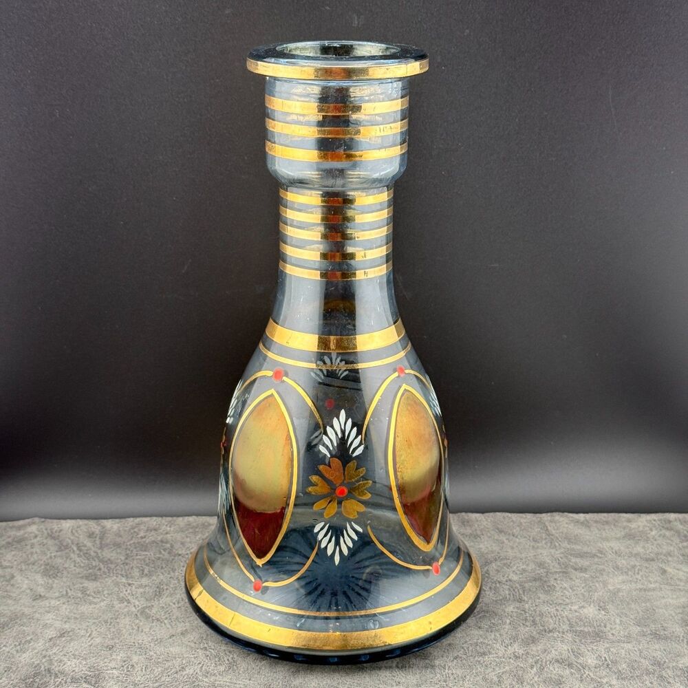 Antique VTG Bohemian Glass Hookah Base Vase Floral Gold Hand-painted 9.5''H
